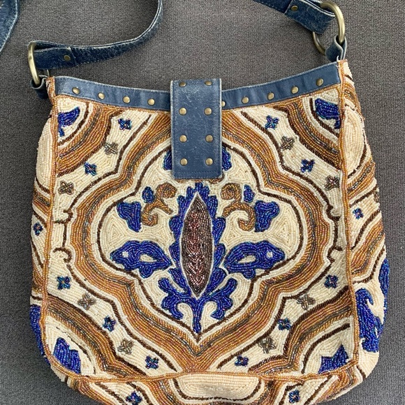 Christiana Beaded Blue/Ivory/Brown Shoulder Bag - Picture 2 of 16